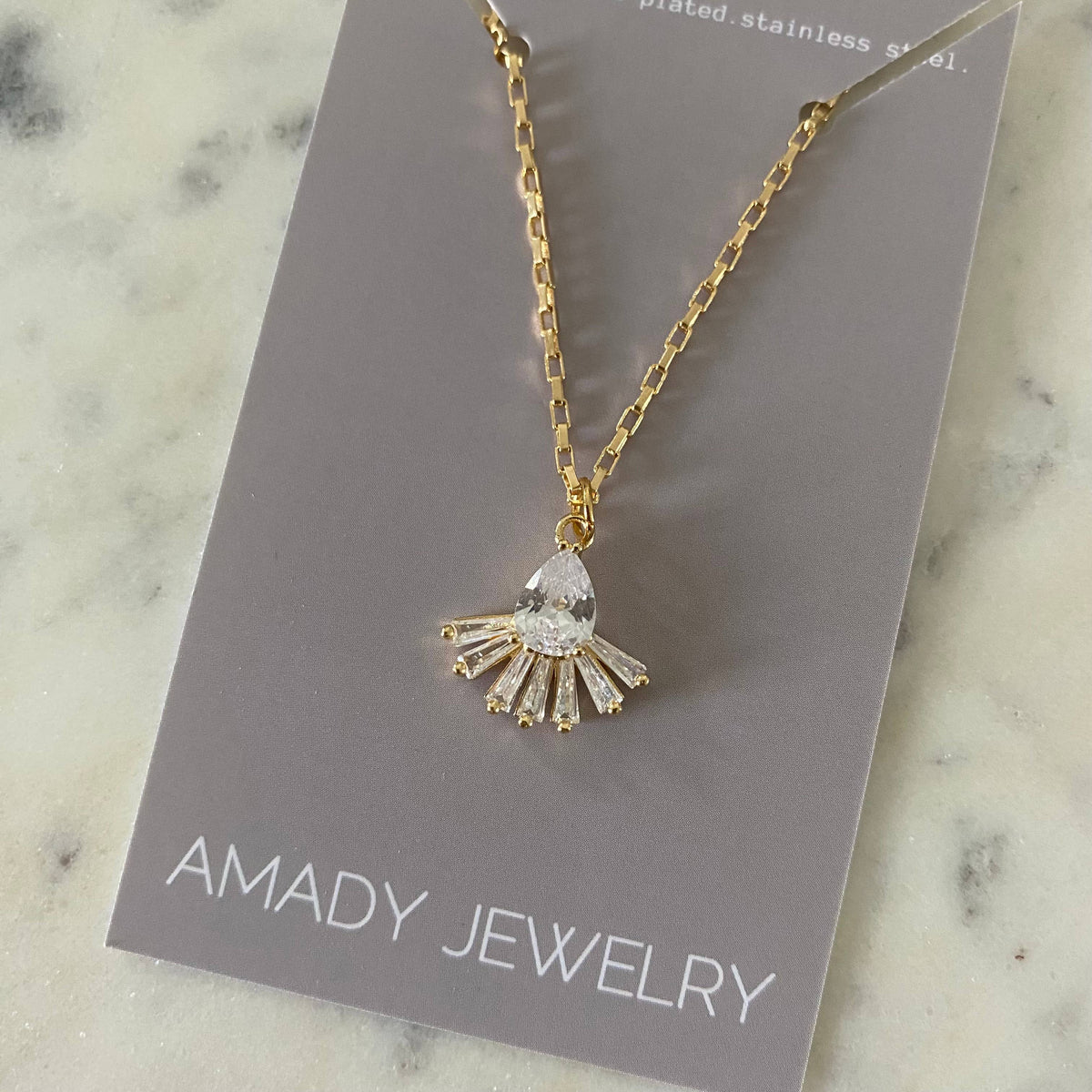 Pear shape fan glass necklace 18k gold fill water resistant