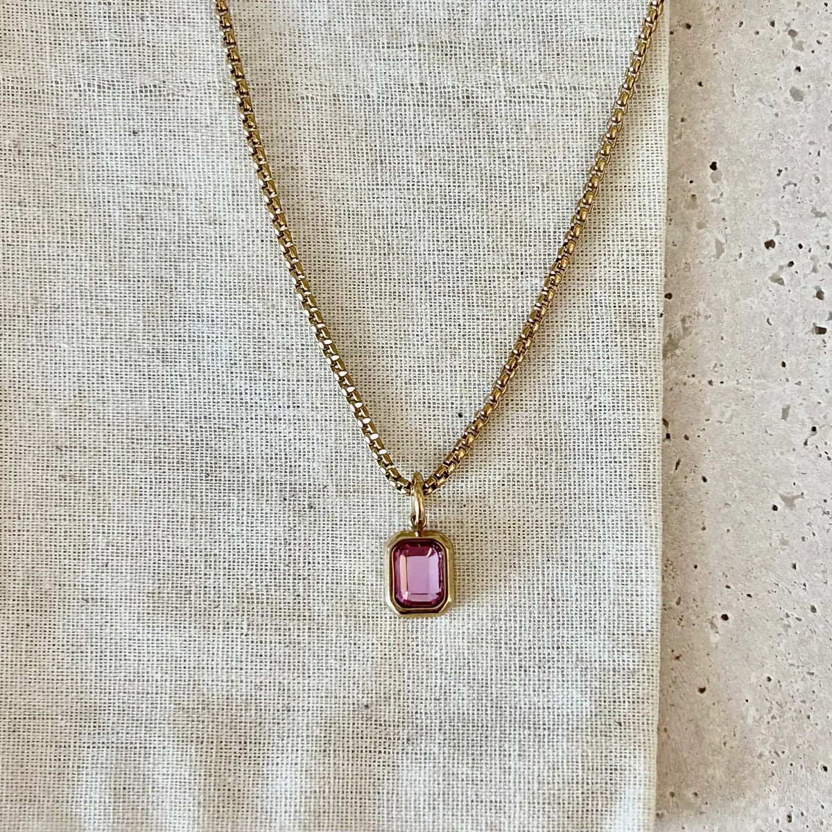Pink Crystal Pendant Necklace 18k gold plated box chain