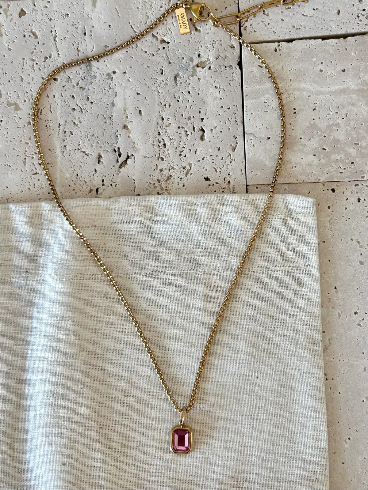 Pink Crystal Pendant Necklace 18k gold plated box chain