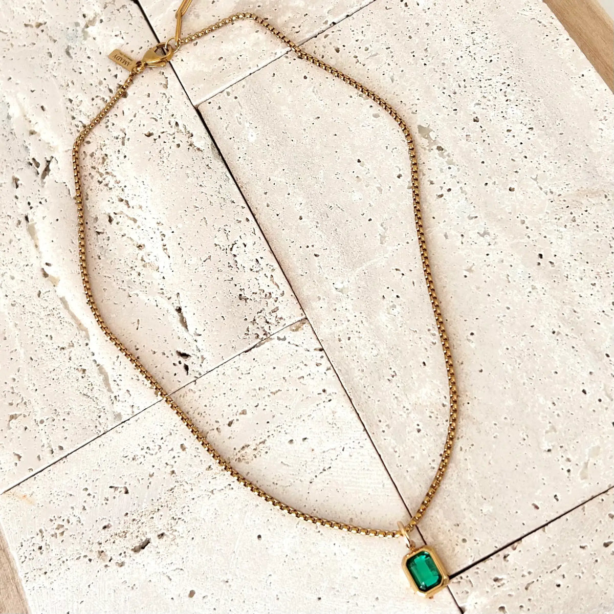 Green Crystal Pendant Necklace 18k gold plated box chain