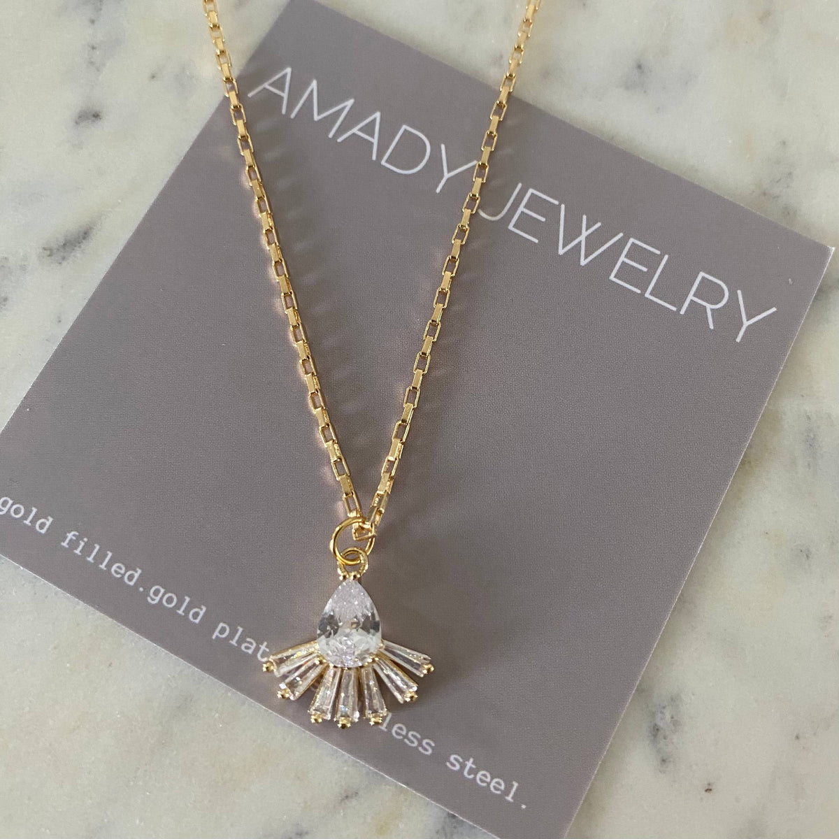 Pear shape fan glass necklace 18k gold fill water resistant