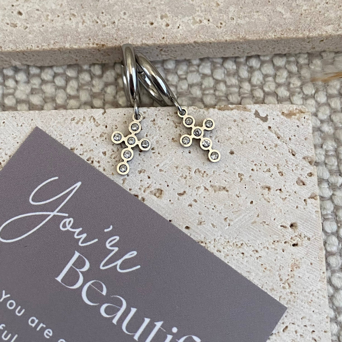 Silver Cross Huggies' Earrings Stainless Steel