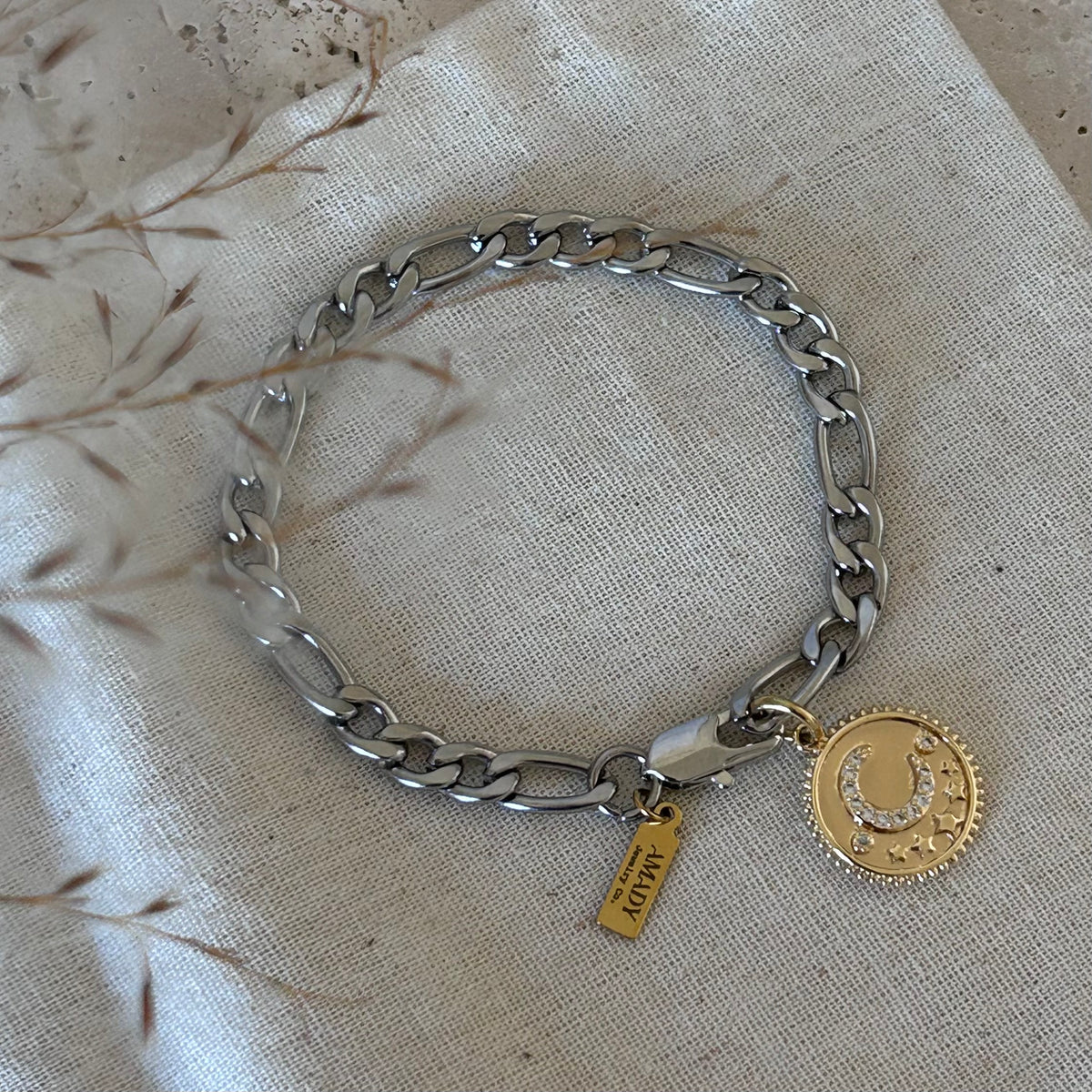 Two tone gold silver half moon crescent bracelet