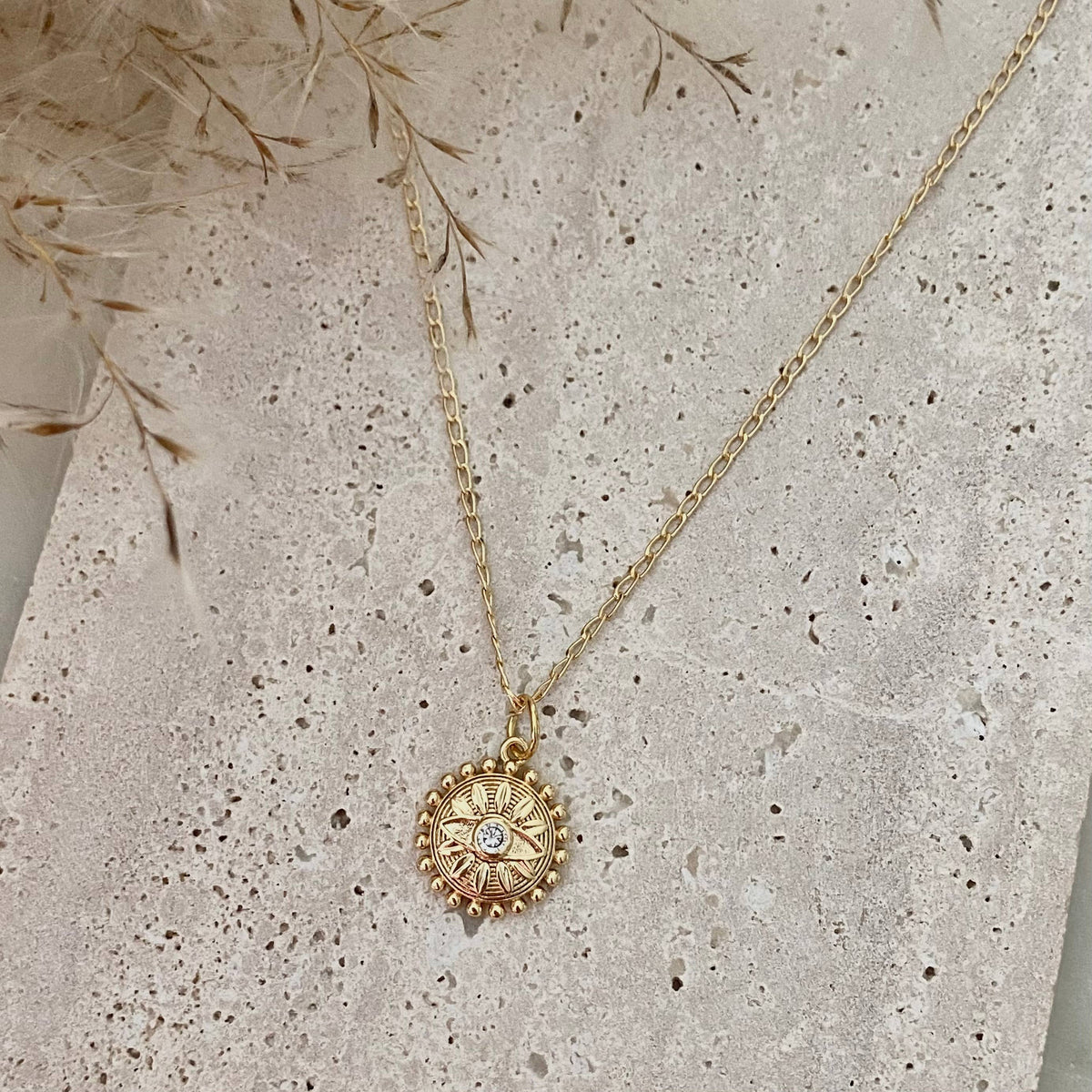 Flower Eye Medallion Coin necklace 18k Gold Filled
