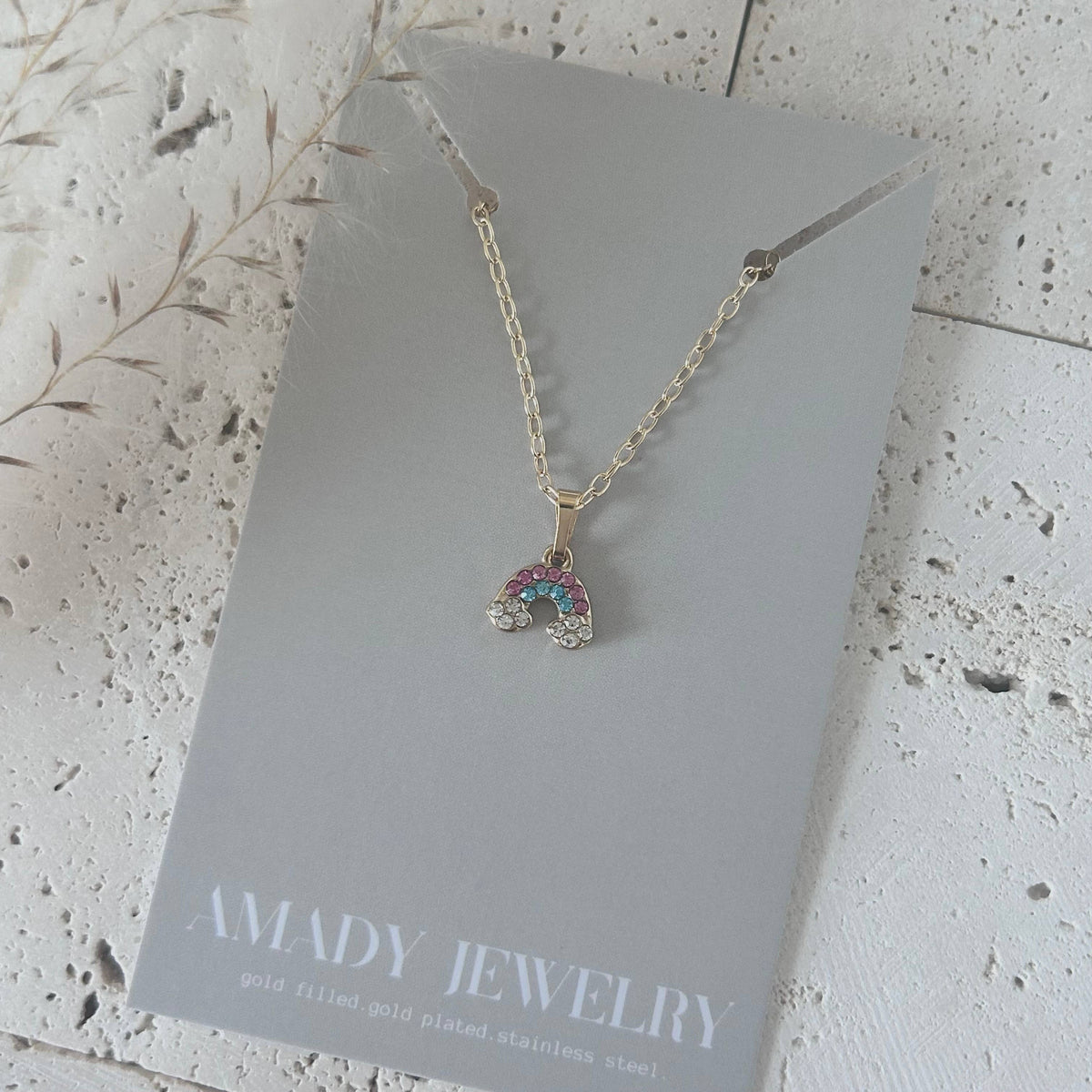 Rainbow pendant necklace colorful small tiny rainbow chain