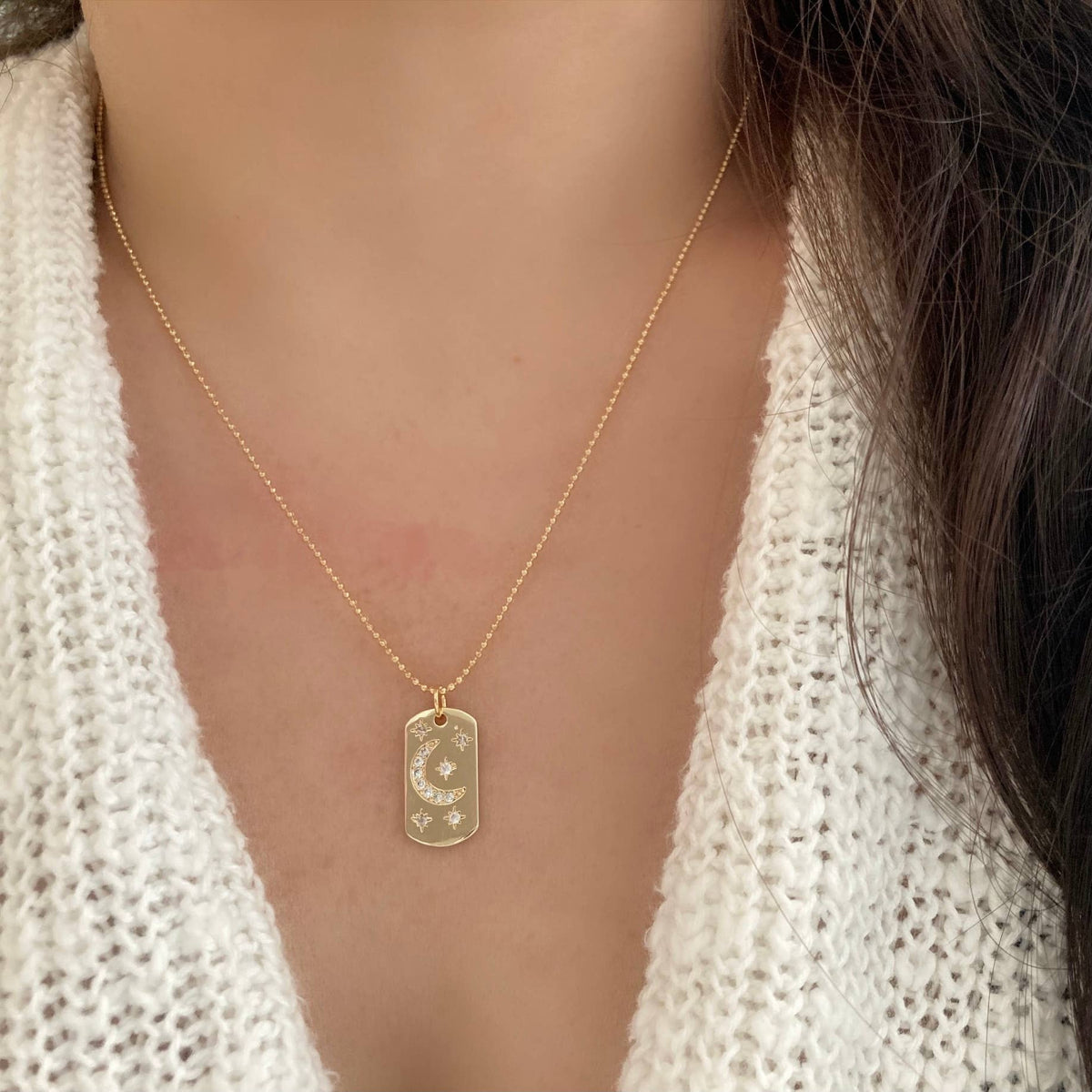 Half Moon Crescent Star Medallion 18K gold dog tag necklace