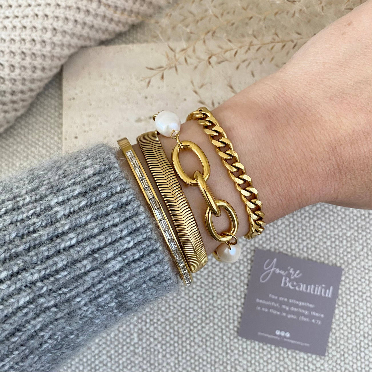 Oval chain big pearl bracelet 18k gold plated stainless stee
