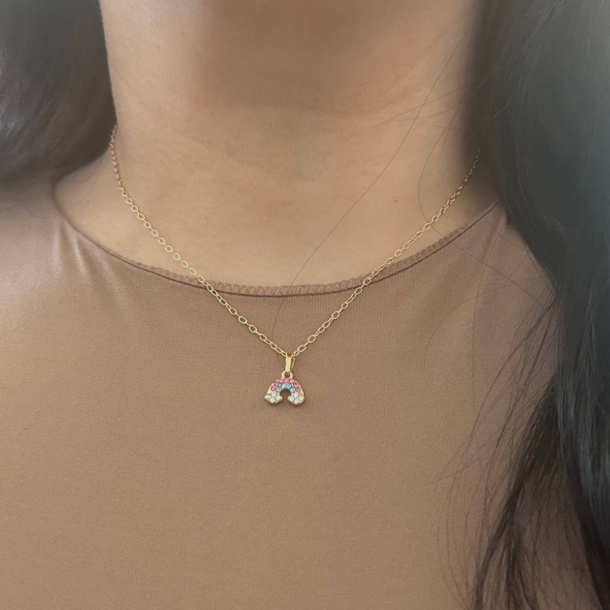 Rainbow pendant necklace colorful small tiny rainbow chain