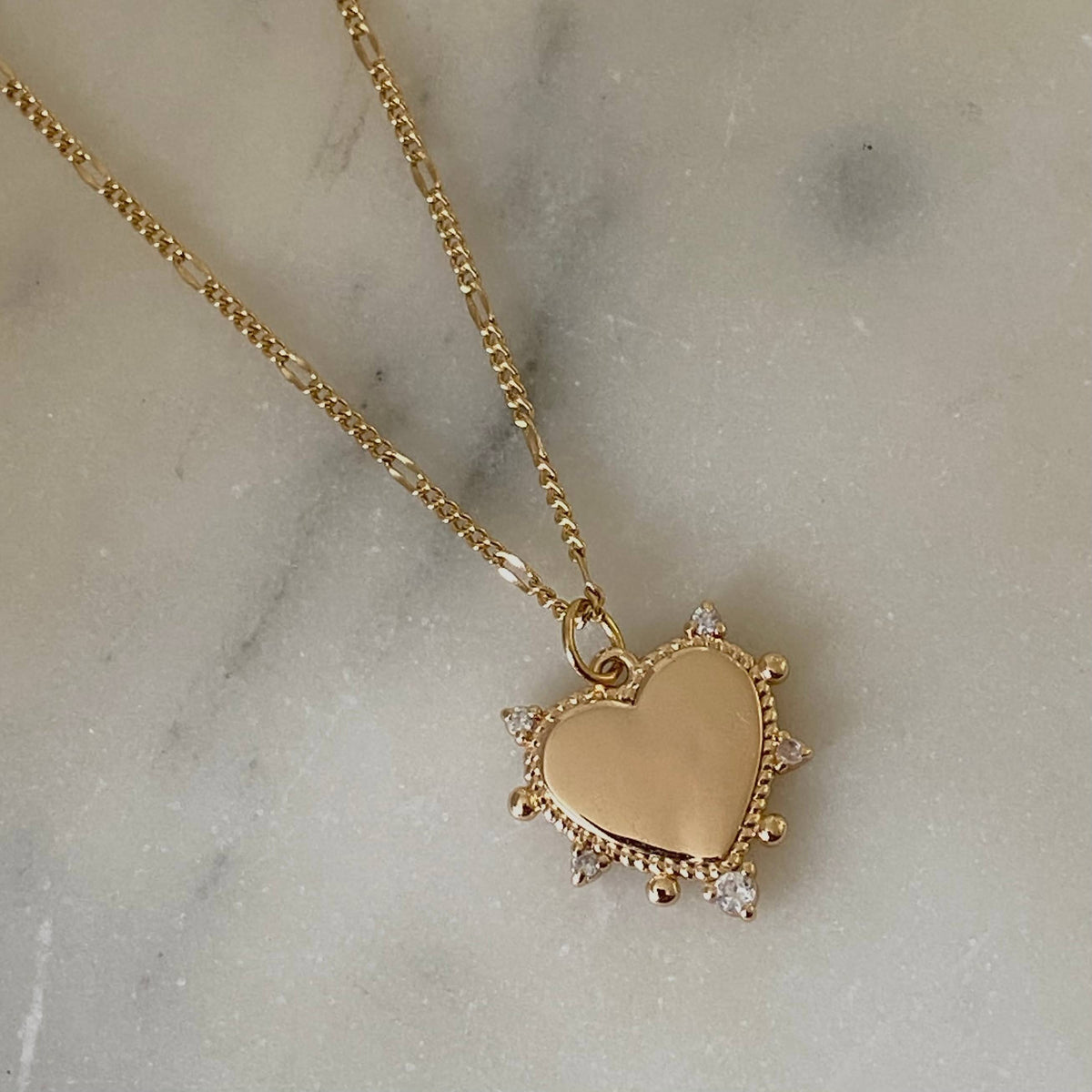 Heart charm pendant necklace 18k gold filled Figaro chain