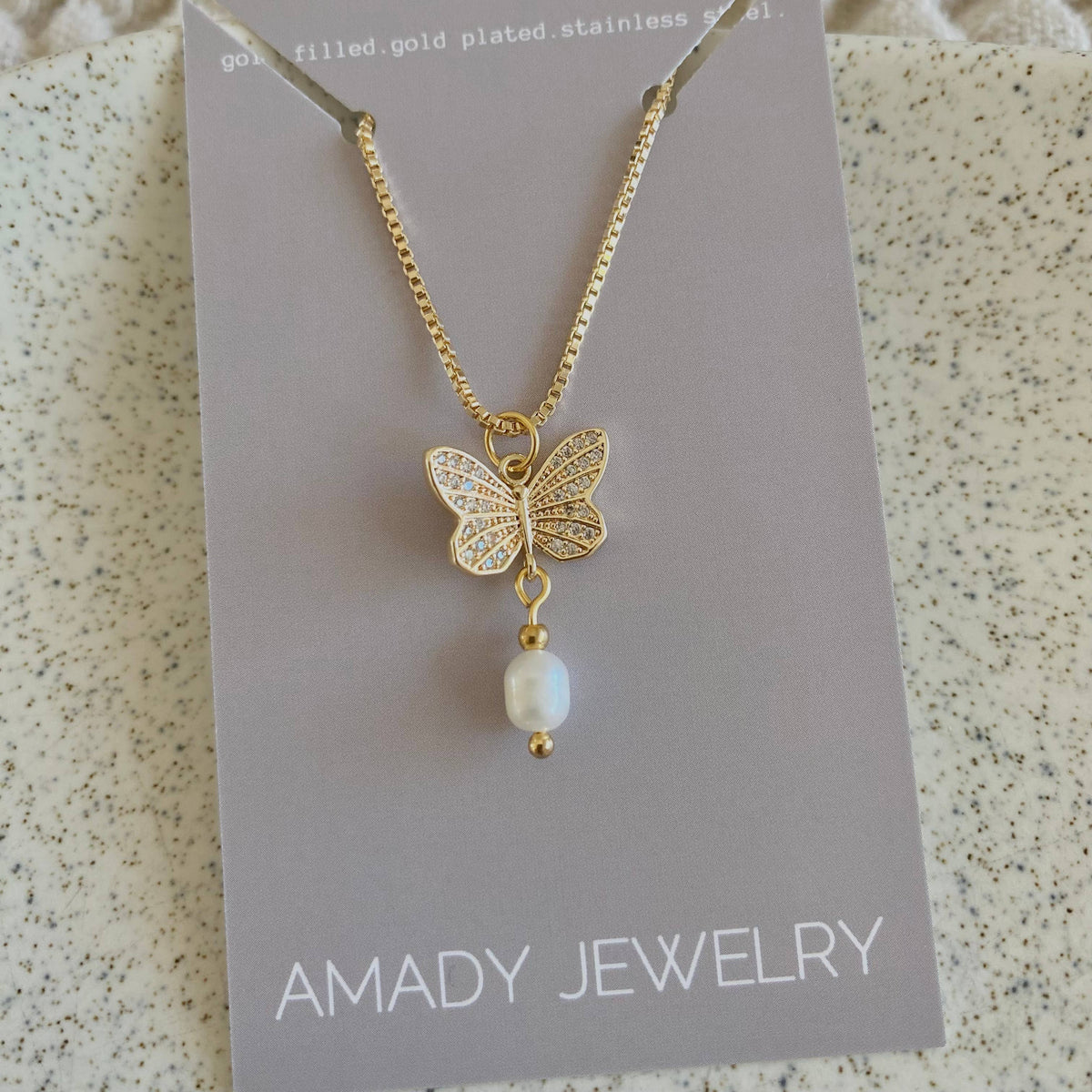 Rhinestones Butterfly Pearl charm pendant necklace 18k GF