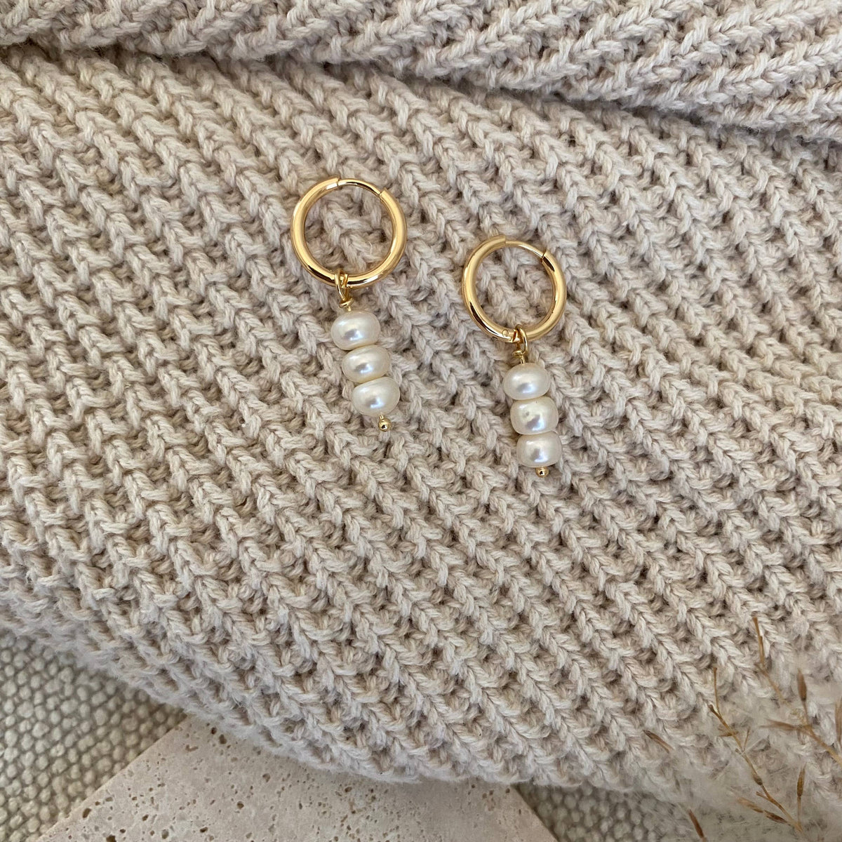 Pearls Dangle Drop Hoop Earrings 14k Gold Plated