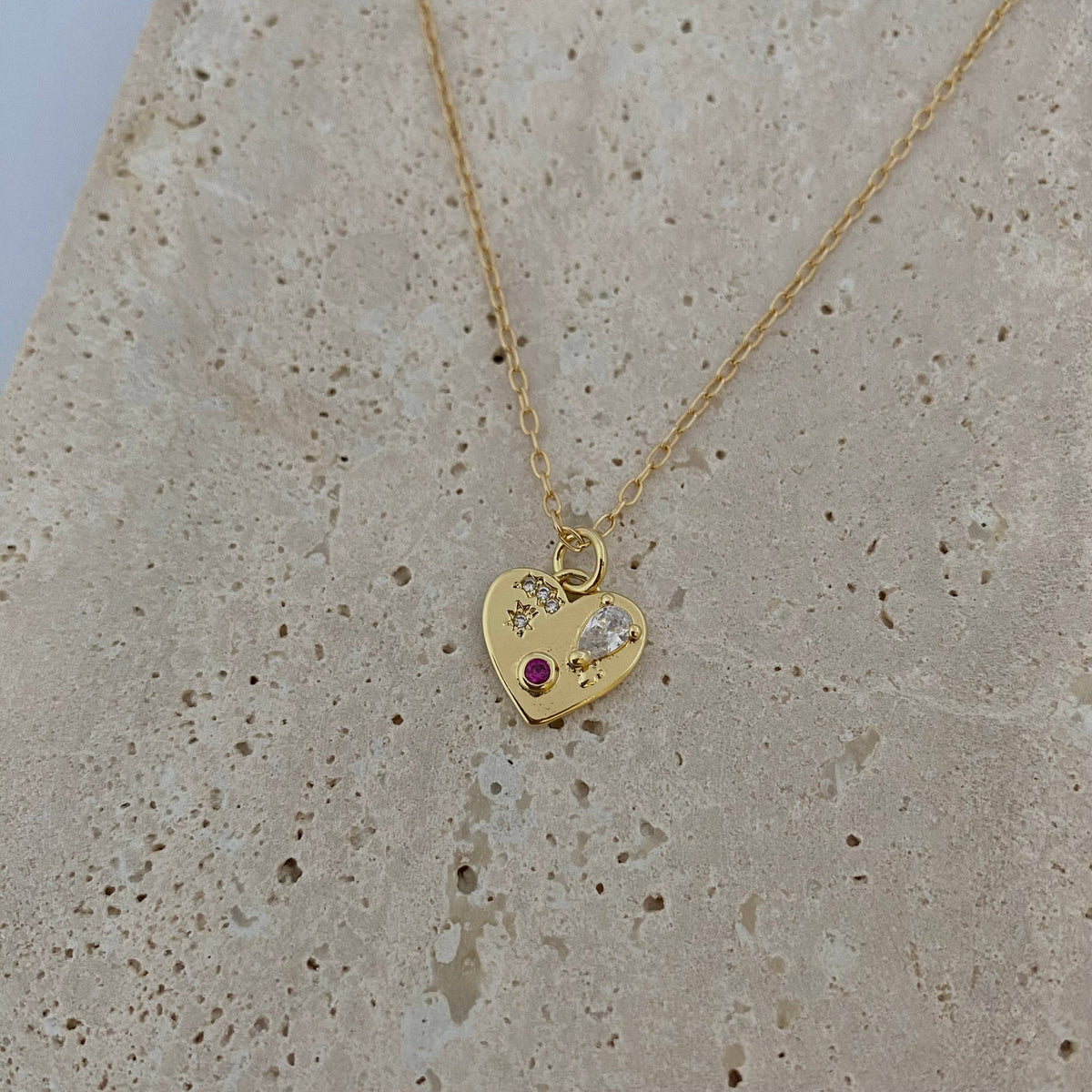 Heart shaped charm necklace glass stones 18k Gold Filled
