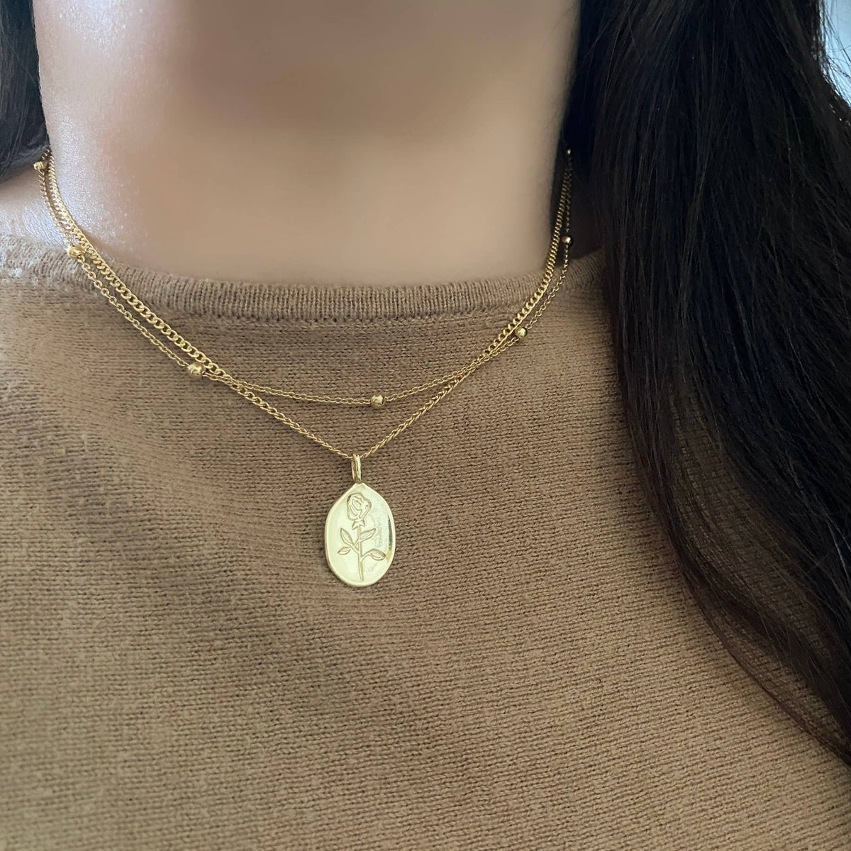 Rose Flower Medallion Coin Layering necklace 18k gold filled