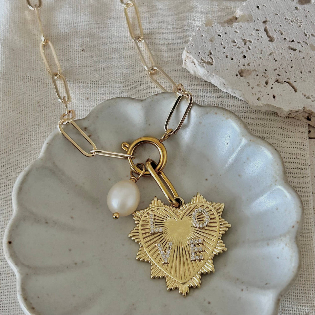 Heart and Pearl Paperclip chain necklace layering statement