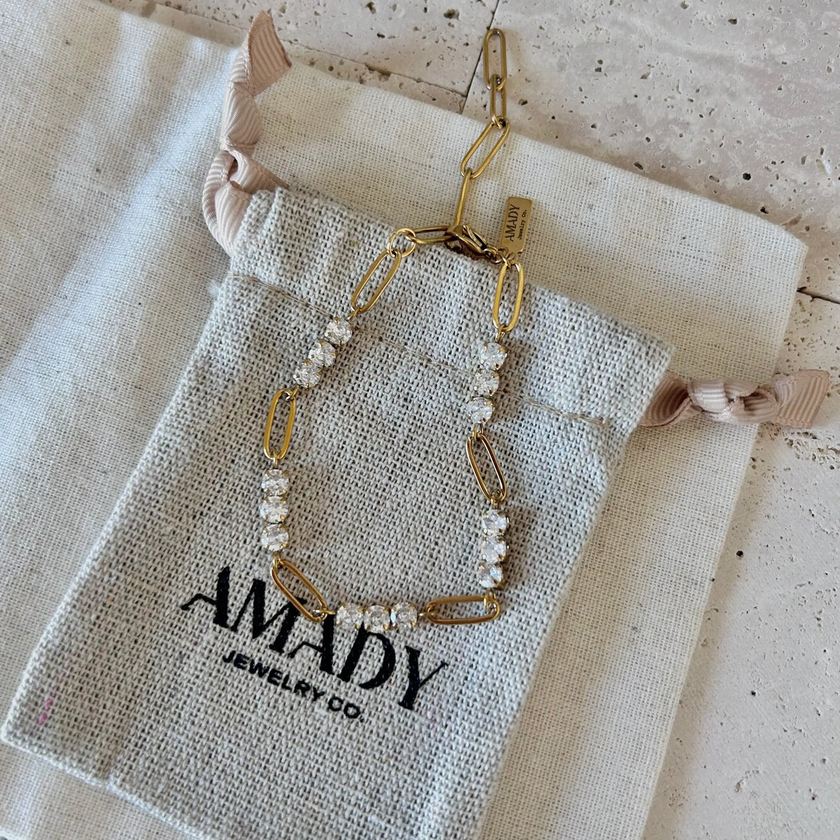 18k Gold Plated Paperclip tennis Chain Bracelet Rhinestones