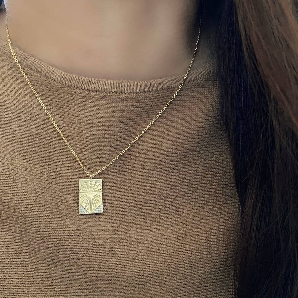 Sunrise Sun Medallion charm pendant 18k gold filled chain