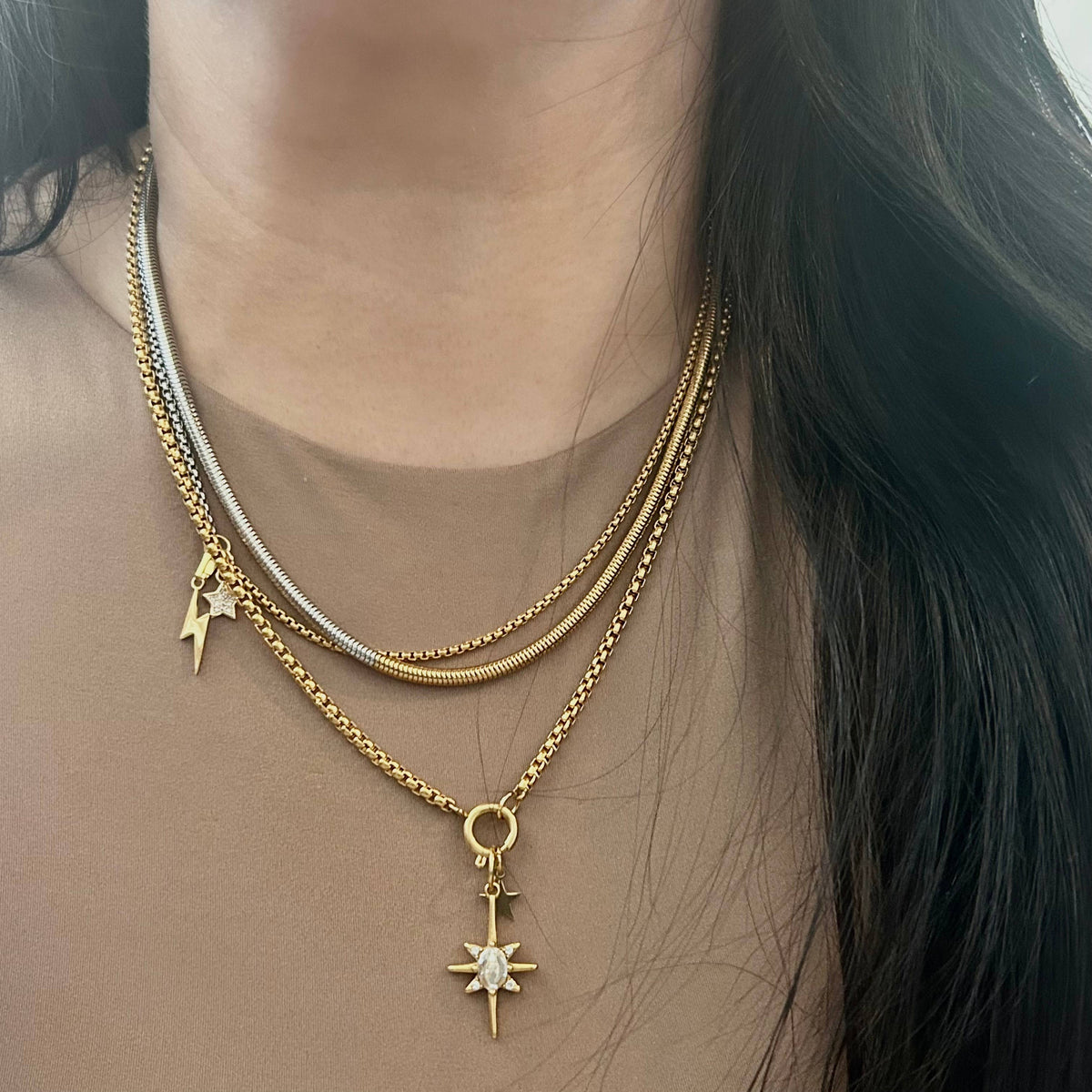 Thunder and star charm pendant necklace two tone silver gold