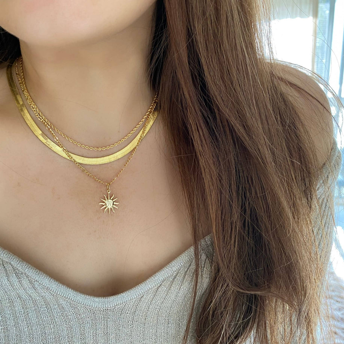 Sun sunrise necklace 18k Gold Filled cuban chain sunshine