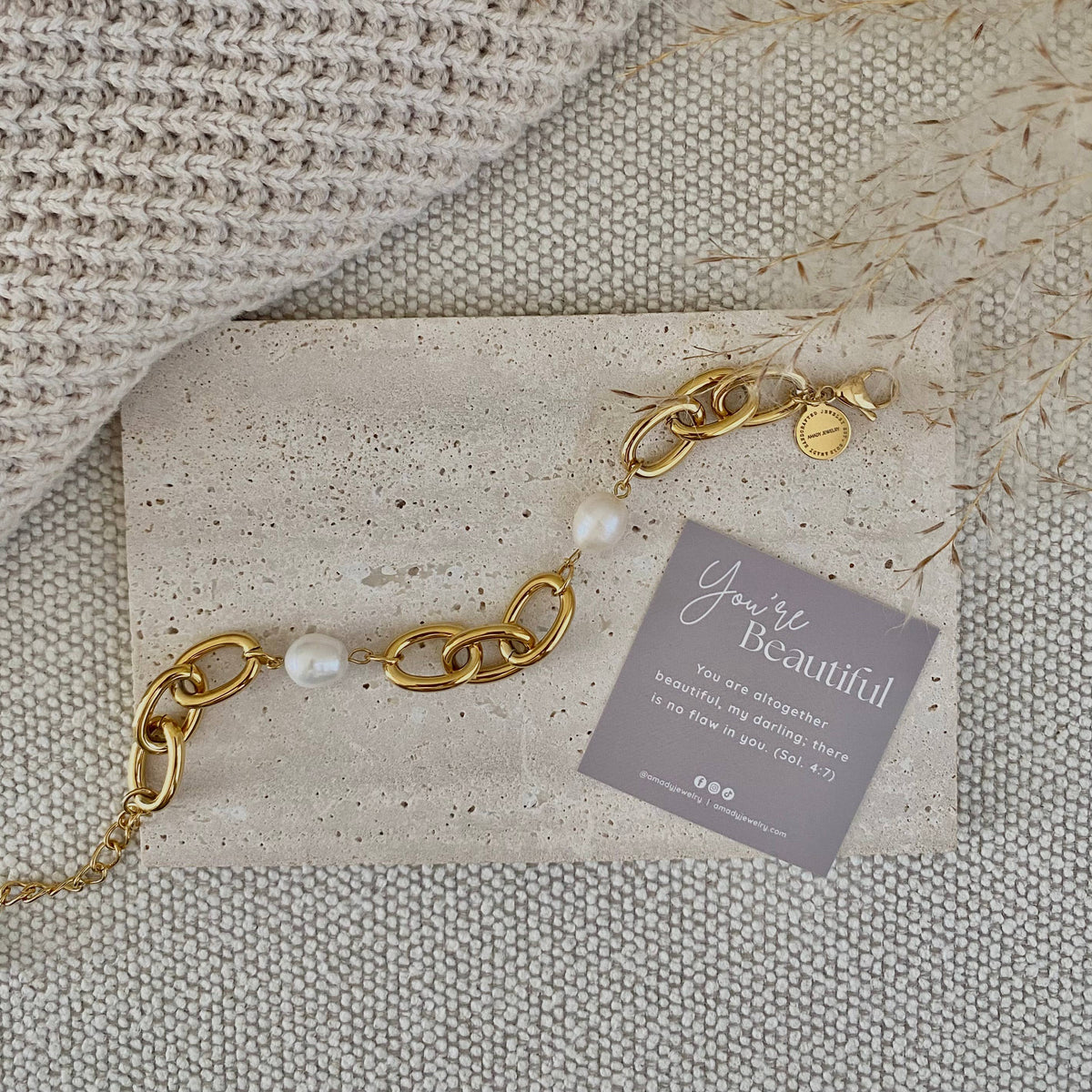 Oval chain big pearl bracelet 18k gold plated stainless stee