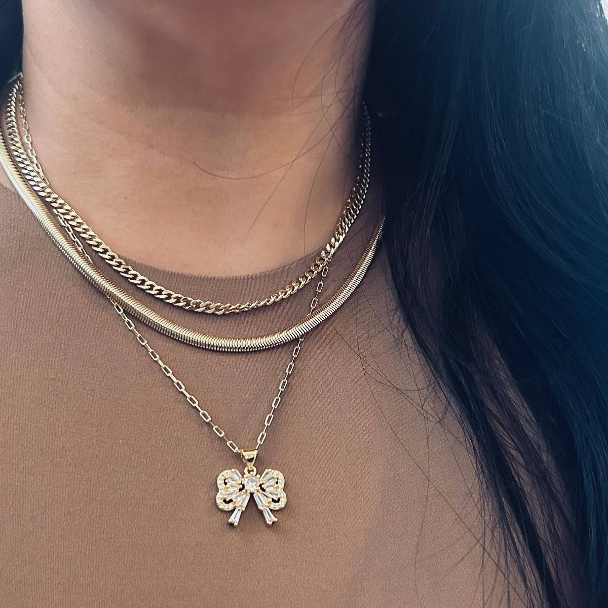Bow pendant necklace rhinestones 18k gold filled paperclip