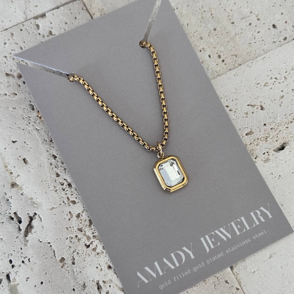 Clear Glass Pendant layering necklace 18k gold plated