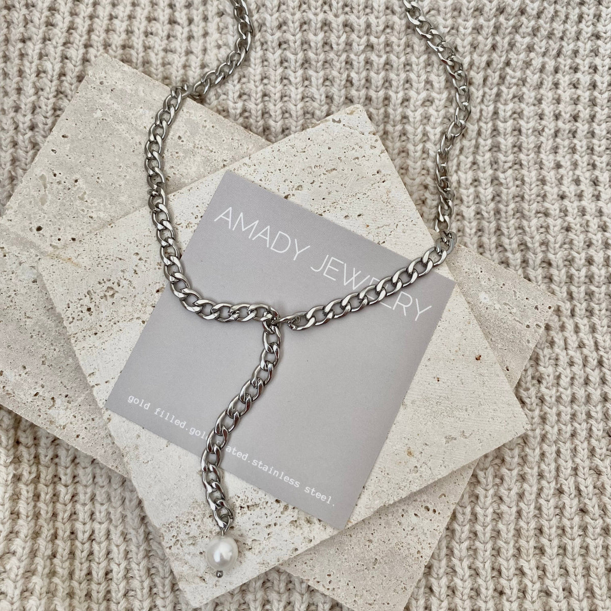 Silver curb link chain and pearl Lariat necklace Y necklace