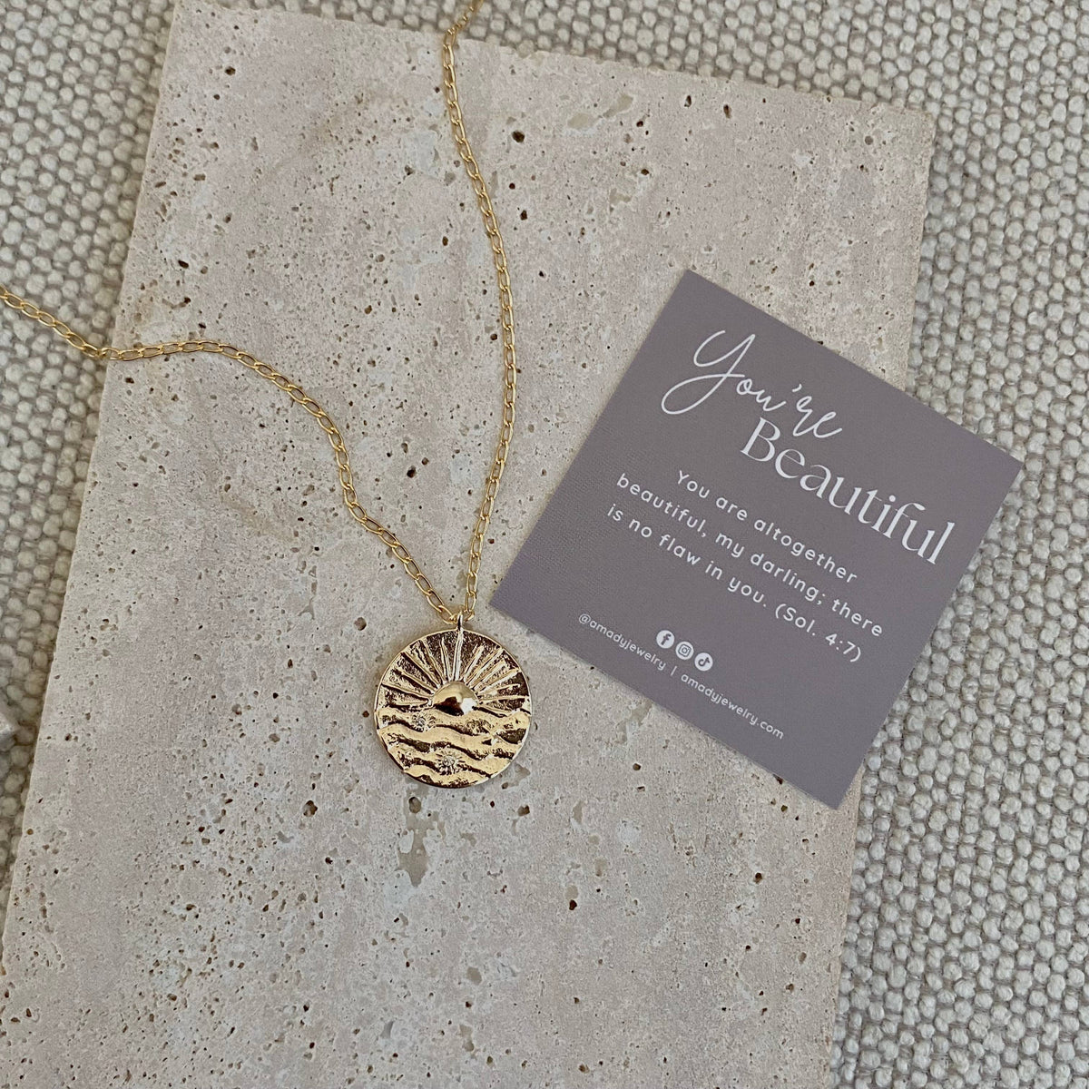 Sunrise sun Coin Medallion chain necklace gold filled plated