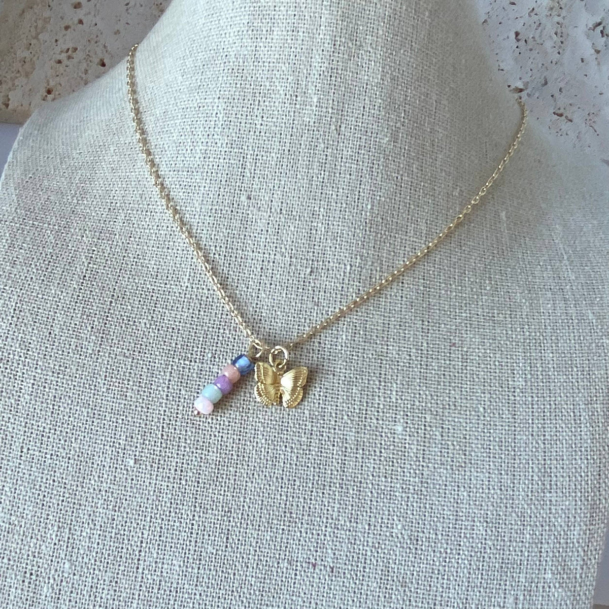Small Butterfly charm colorful beaded bar pendant necklace