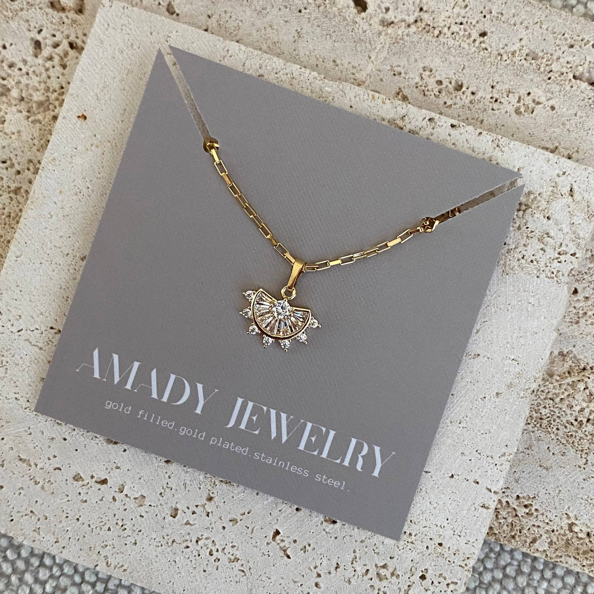 Crystals Fan Charm Pendant 18k Gold Filled Chain necklace