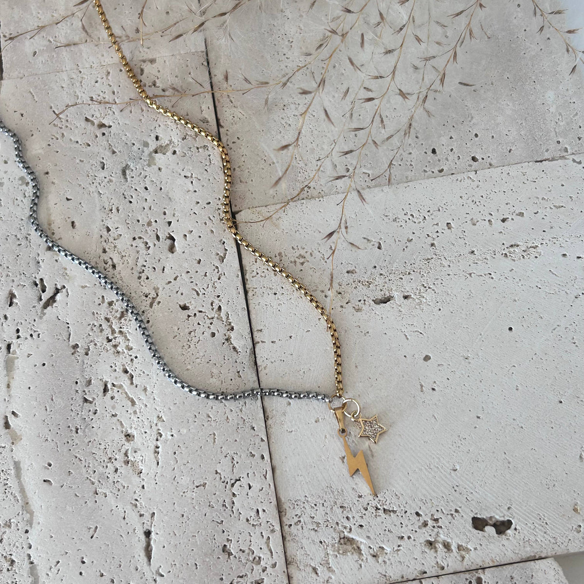 Thunder and star charm pendant necklace two tone silver gold