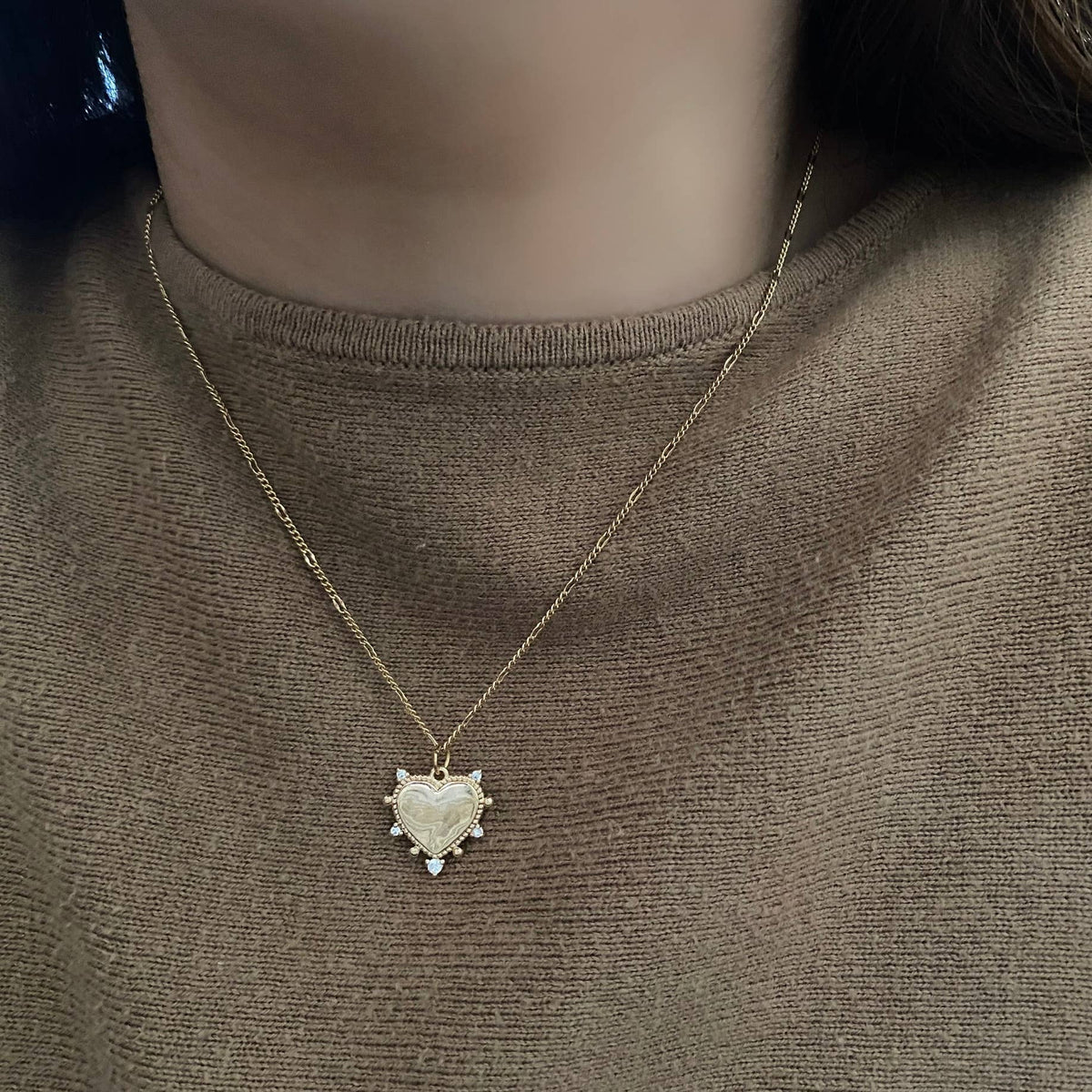 Heart charm pendant necklace 18k gold filled Figaro chain