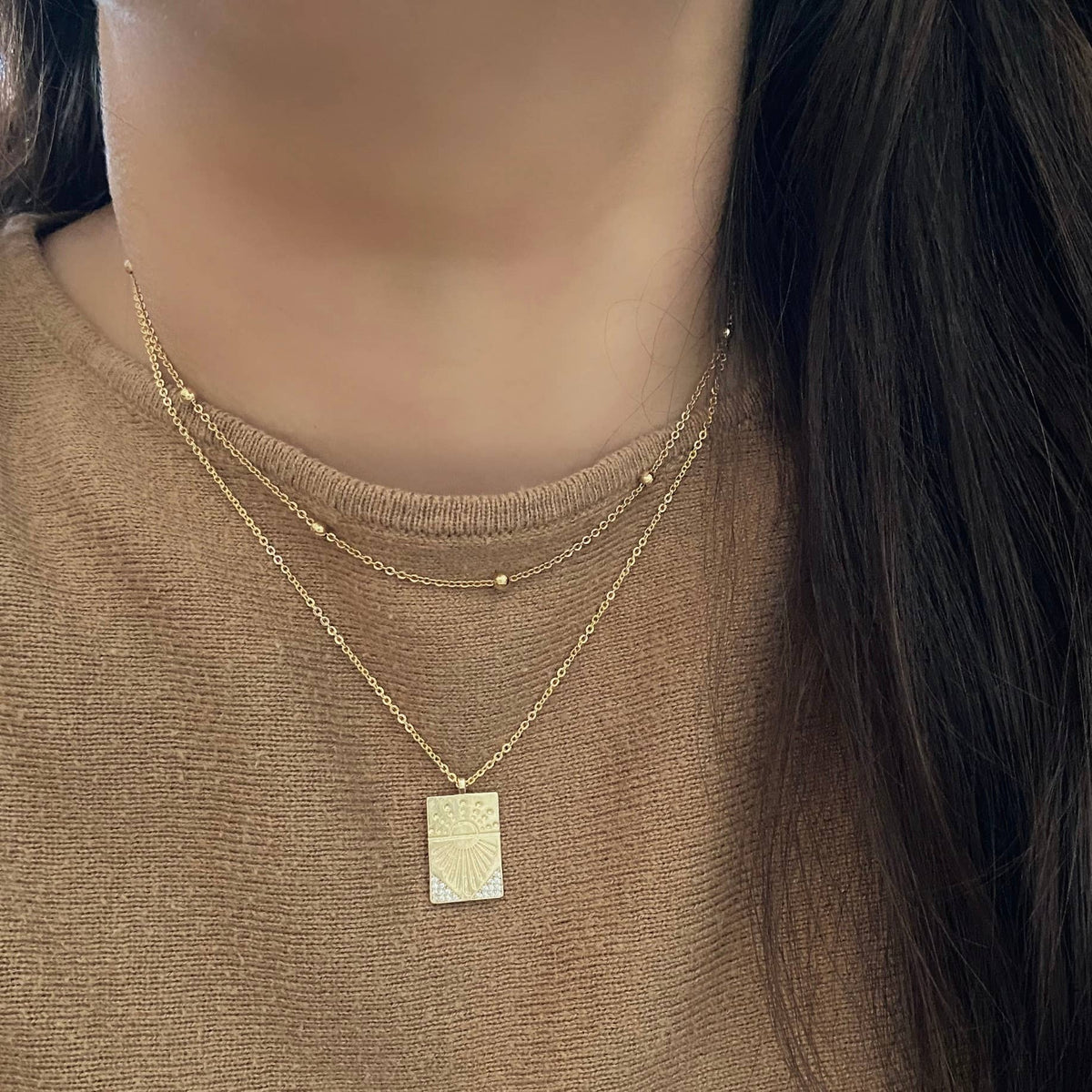Sunrise Sun Medallion charm pendant 18k gold filled chain