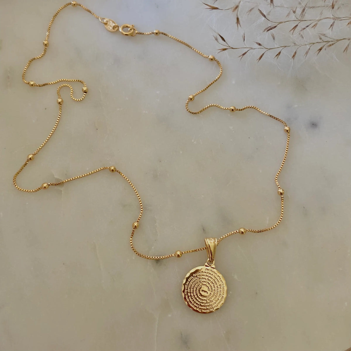 Our Father prayer coin charm necklace 18k GF satellite chain