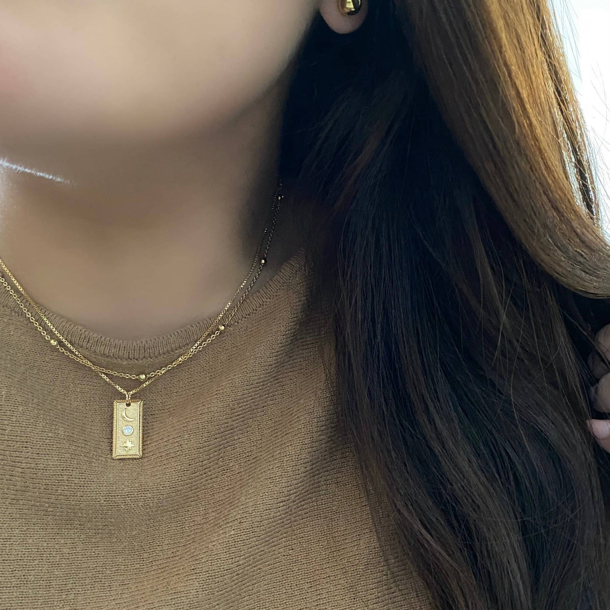 Moon Crescent + Star Pendant Layering Necklace 18K gold