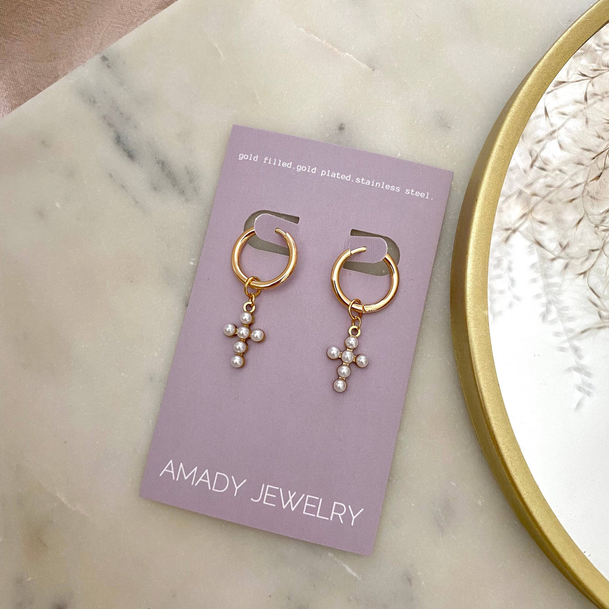 Cross hoops beaded imitation pearls 14k gold plated dangle