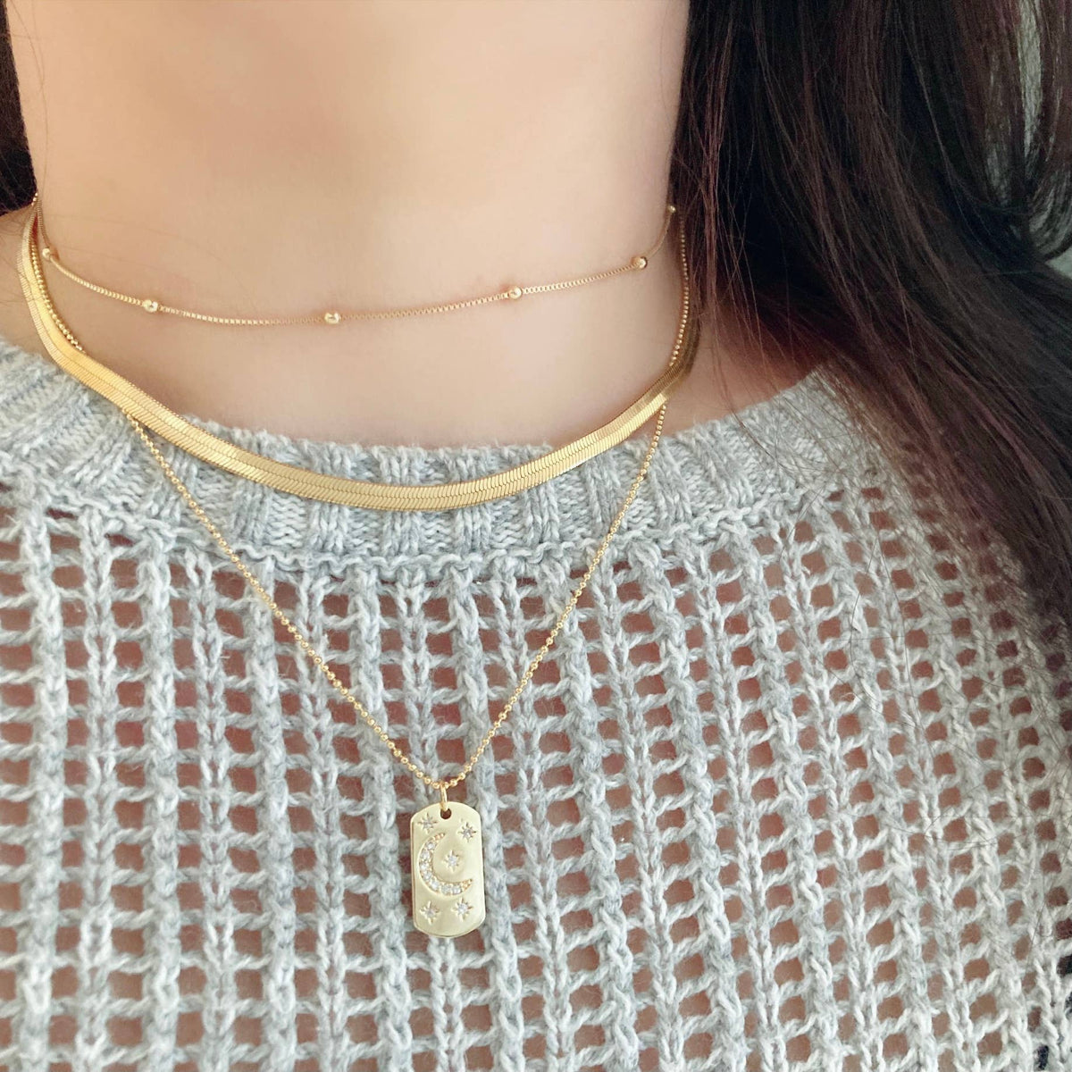 Half Moon Crescent Star Medallion 18K gold dog tag necklace