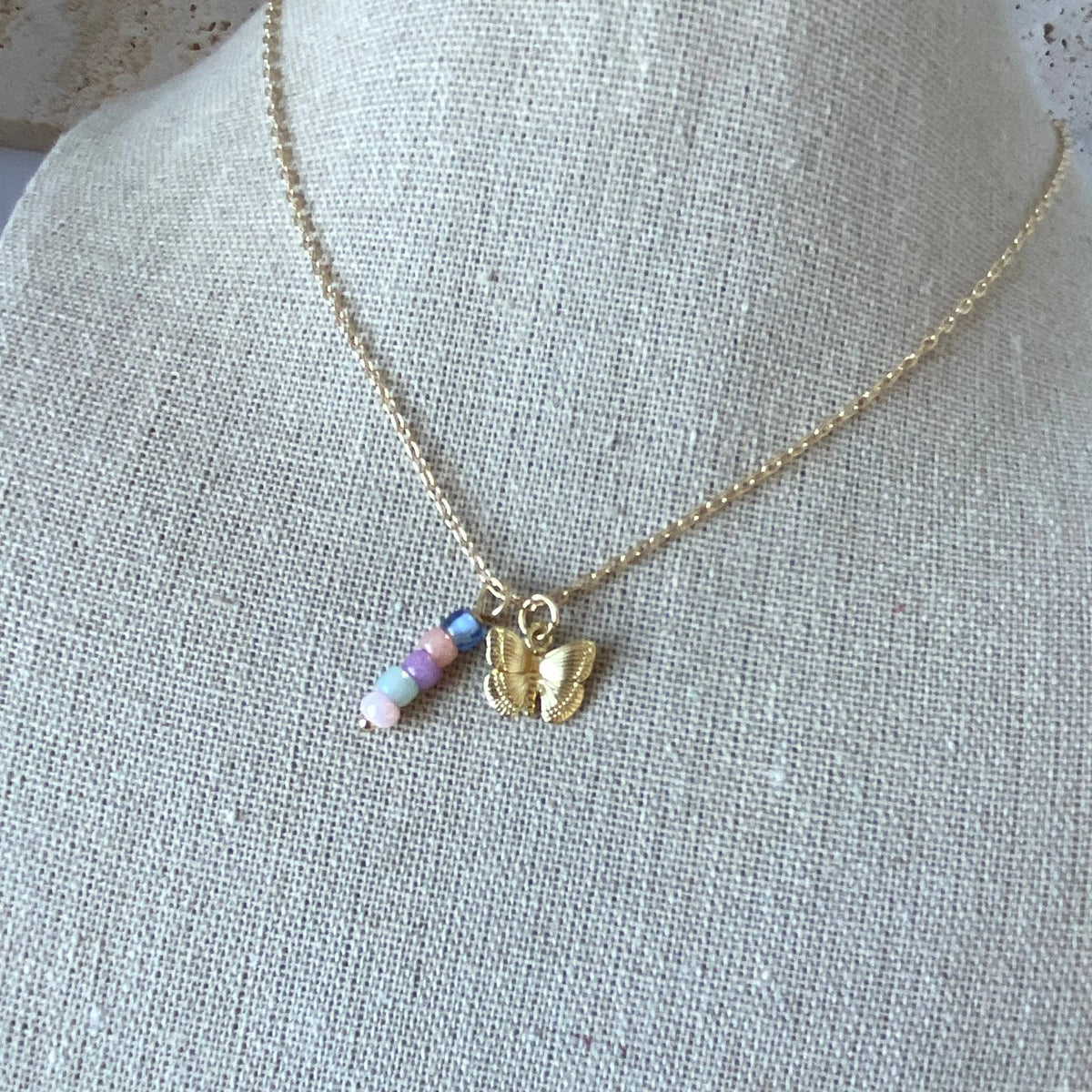 Small Butterfly charm colorful beaded bar pendant necklace