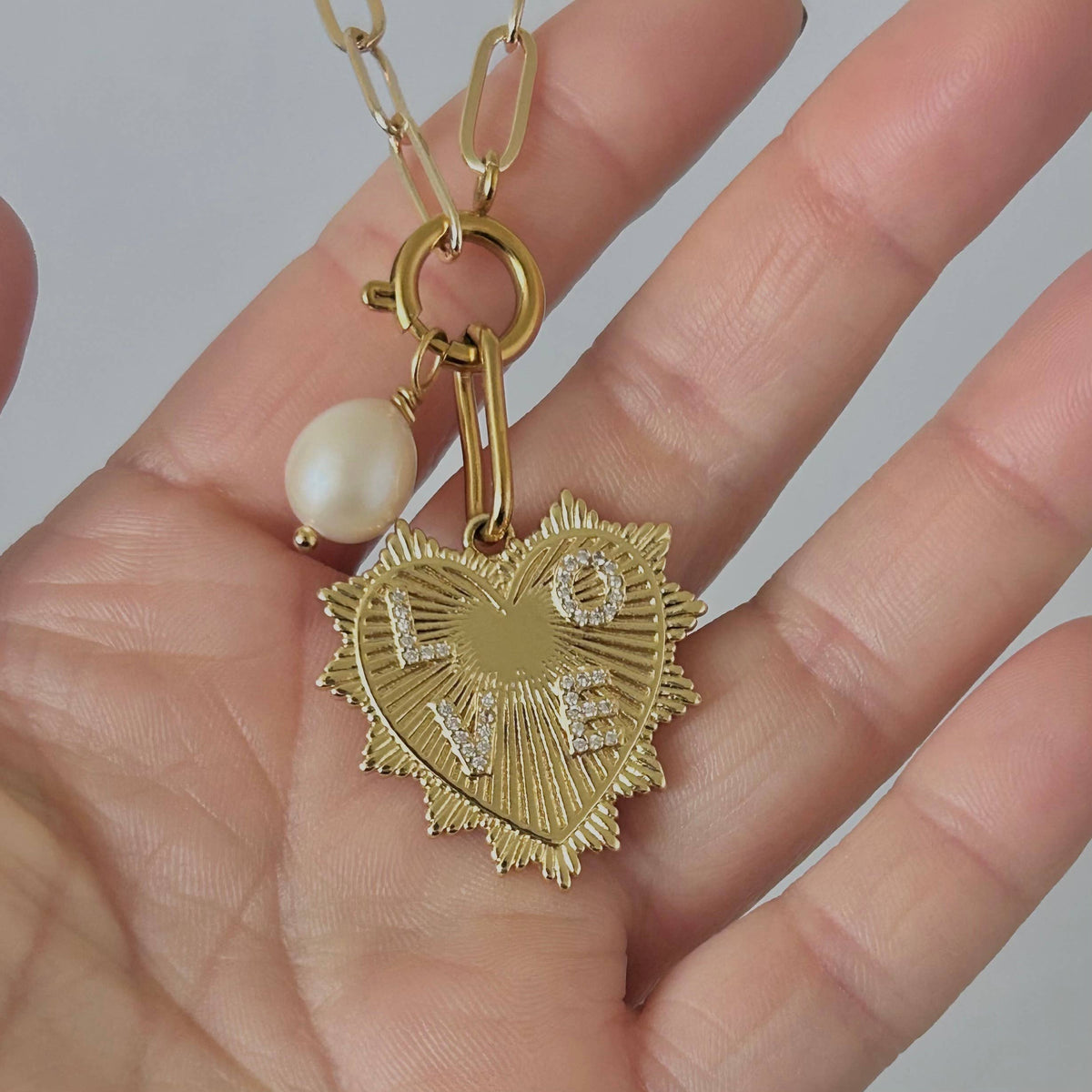 Heart and Pearl Paperclip chain necklace layering statement