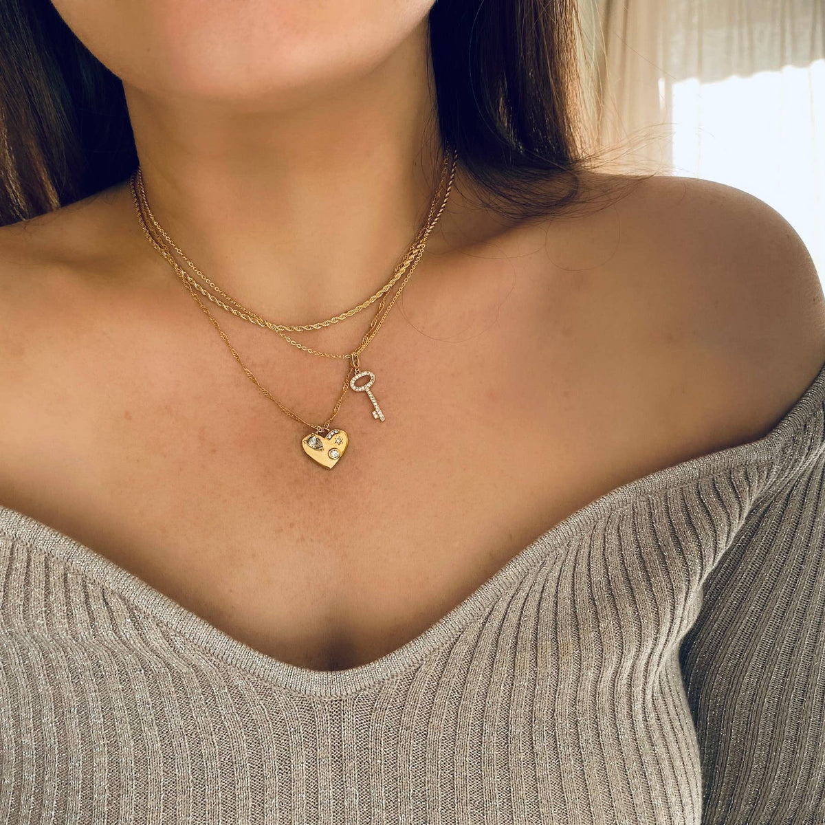 Heart shaped charm necklace glass stones 18k Gold Filled
