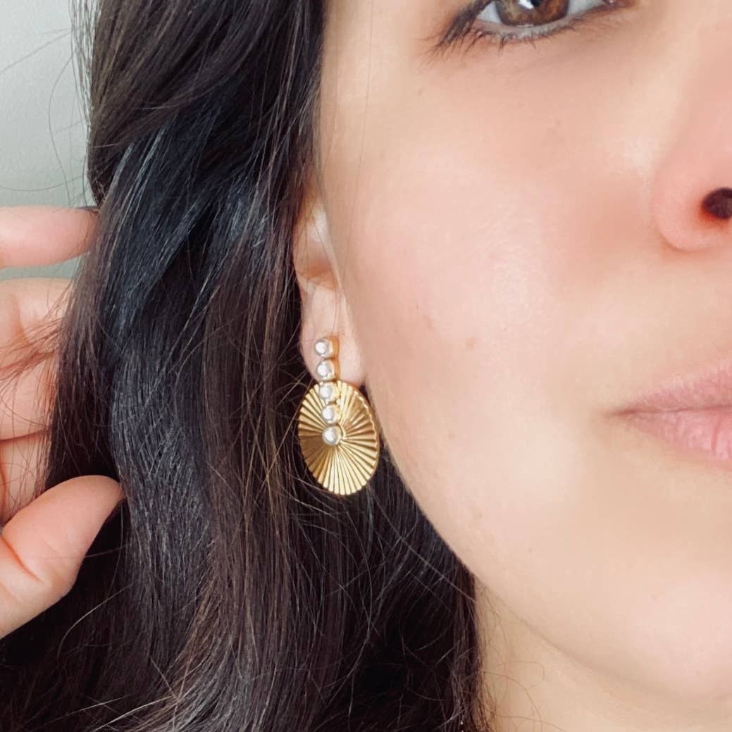 Pearls Bar Medallion Bold Earrings Gold Plated Stainless