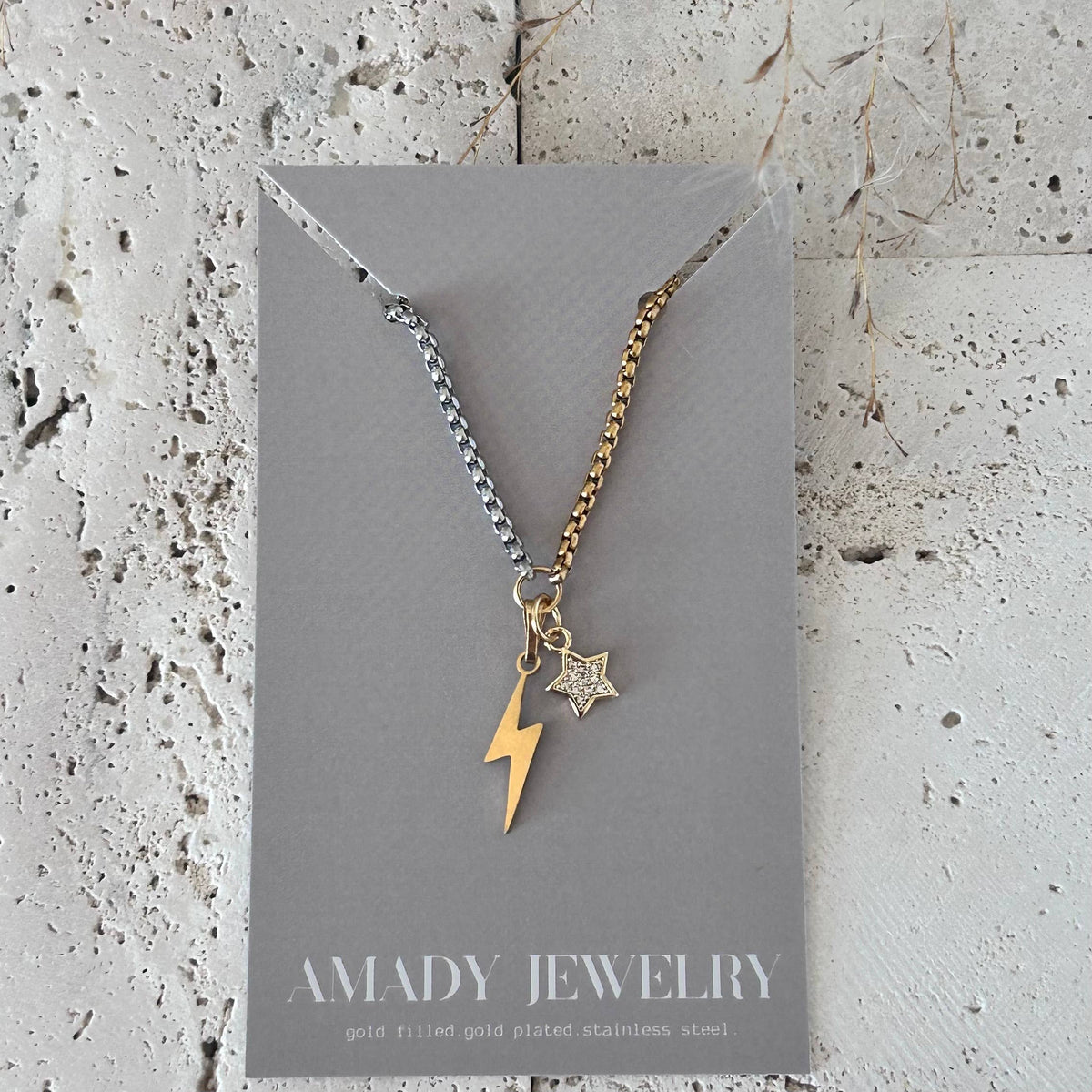 Thunder and star charm pendant necklace two tone silver gold