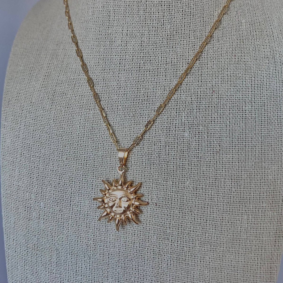 Sun face charm pendant necklace paperclip chain 18k gf