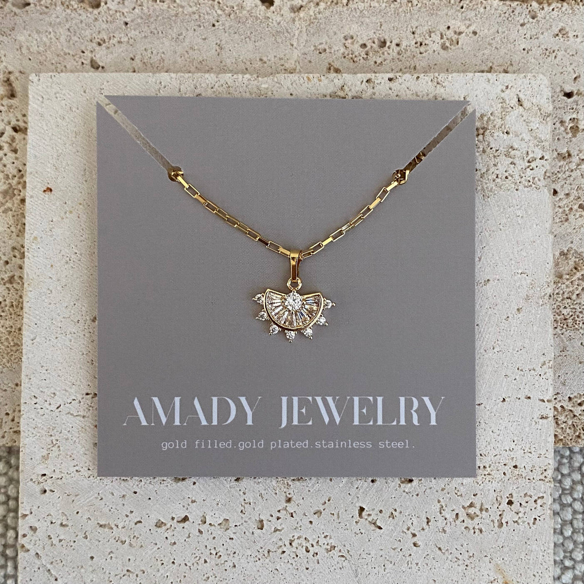 Crystals Fan Charm Pendant 18k Gold Filled Chain necklace