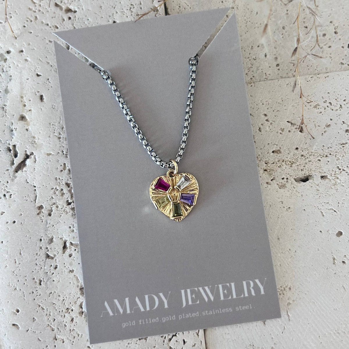 Pave Heart charm pendant necklace gold and silver layering