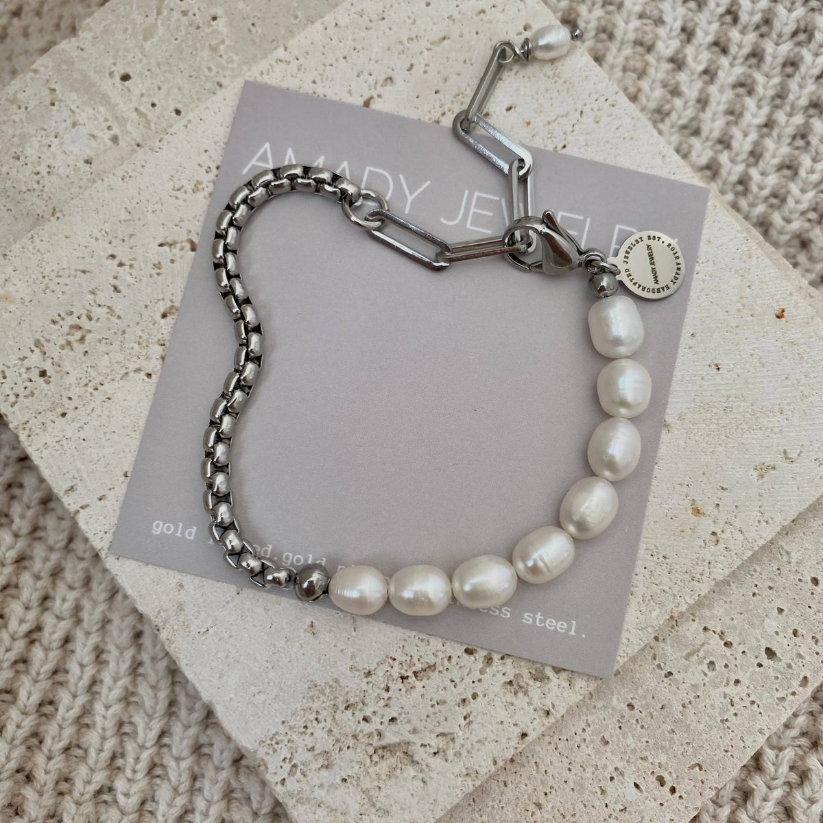 Pearls Bracelet Silver stainless steel box chain adjustable