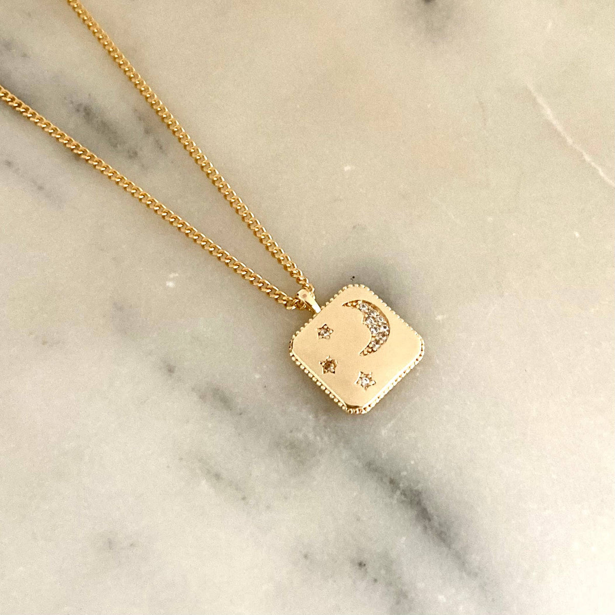 Square Medallion Coin Crescent Moon 18K gold filled necklace