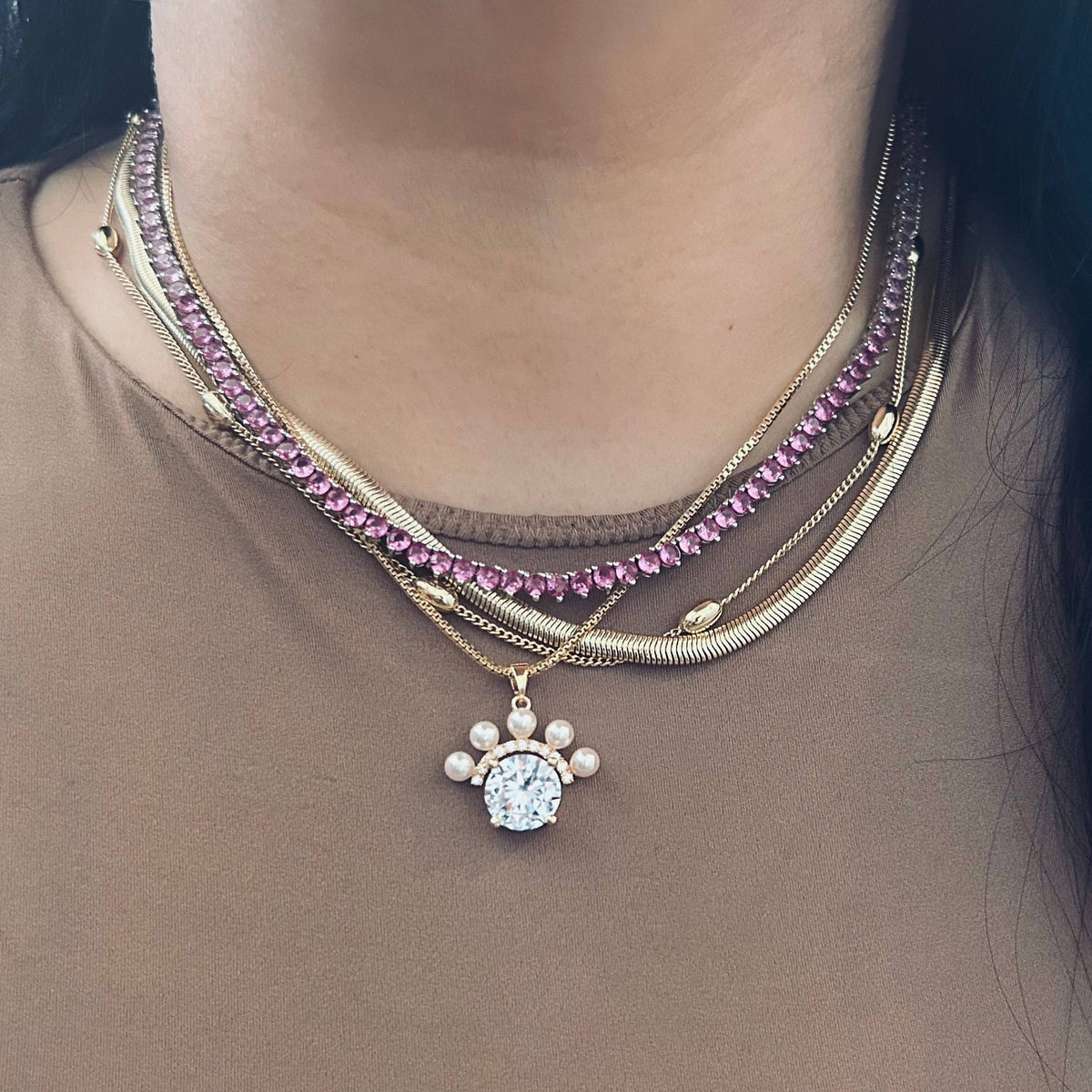 Ombre Tennis necklace pink rhinestones silver setting