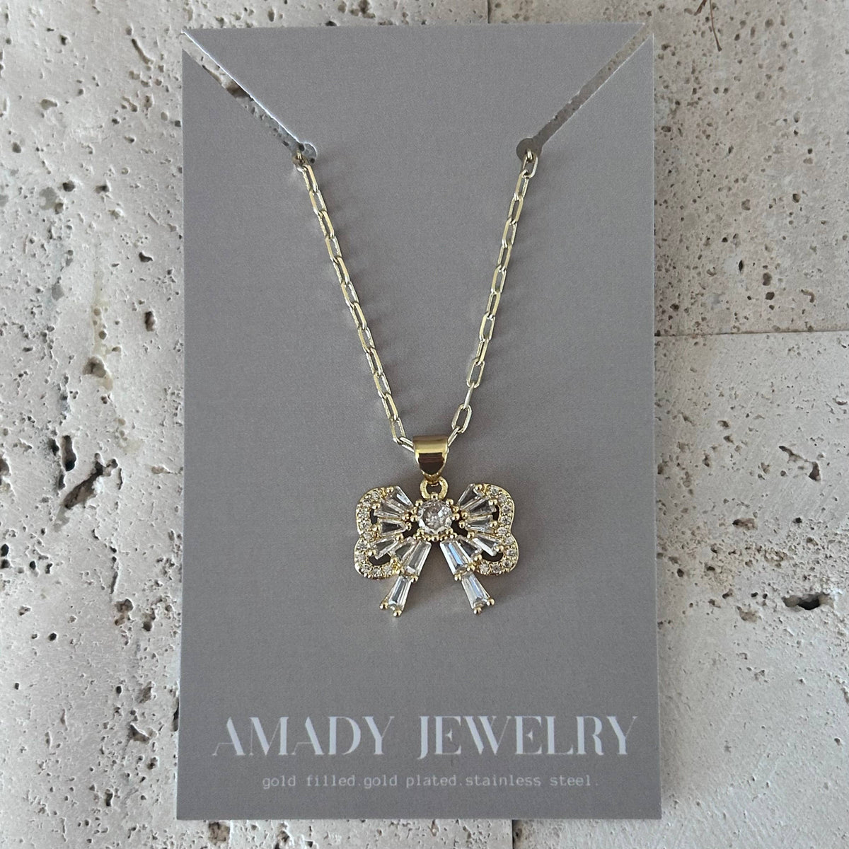 Bow pendant necklace rhinestones 18k gold filled paperclip
