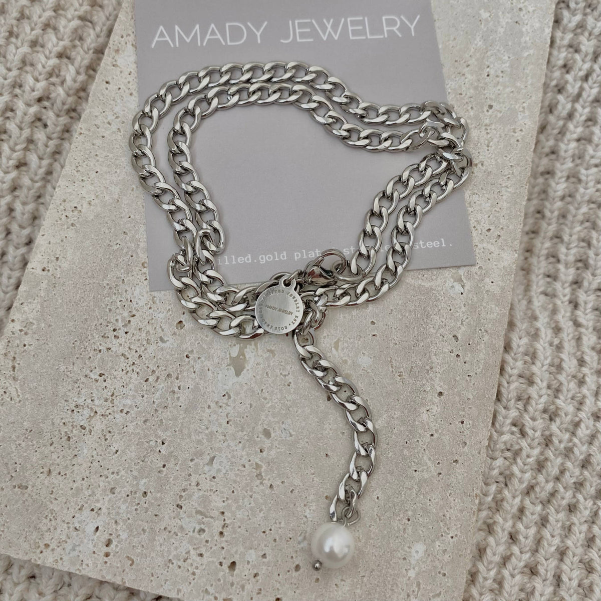 Silver curb link chain and pearl Lariat necklace Y necklace