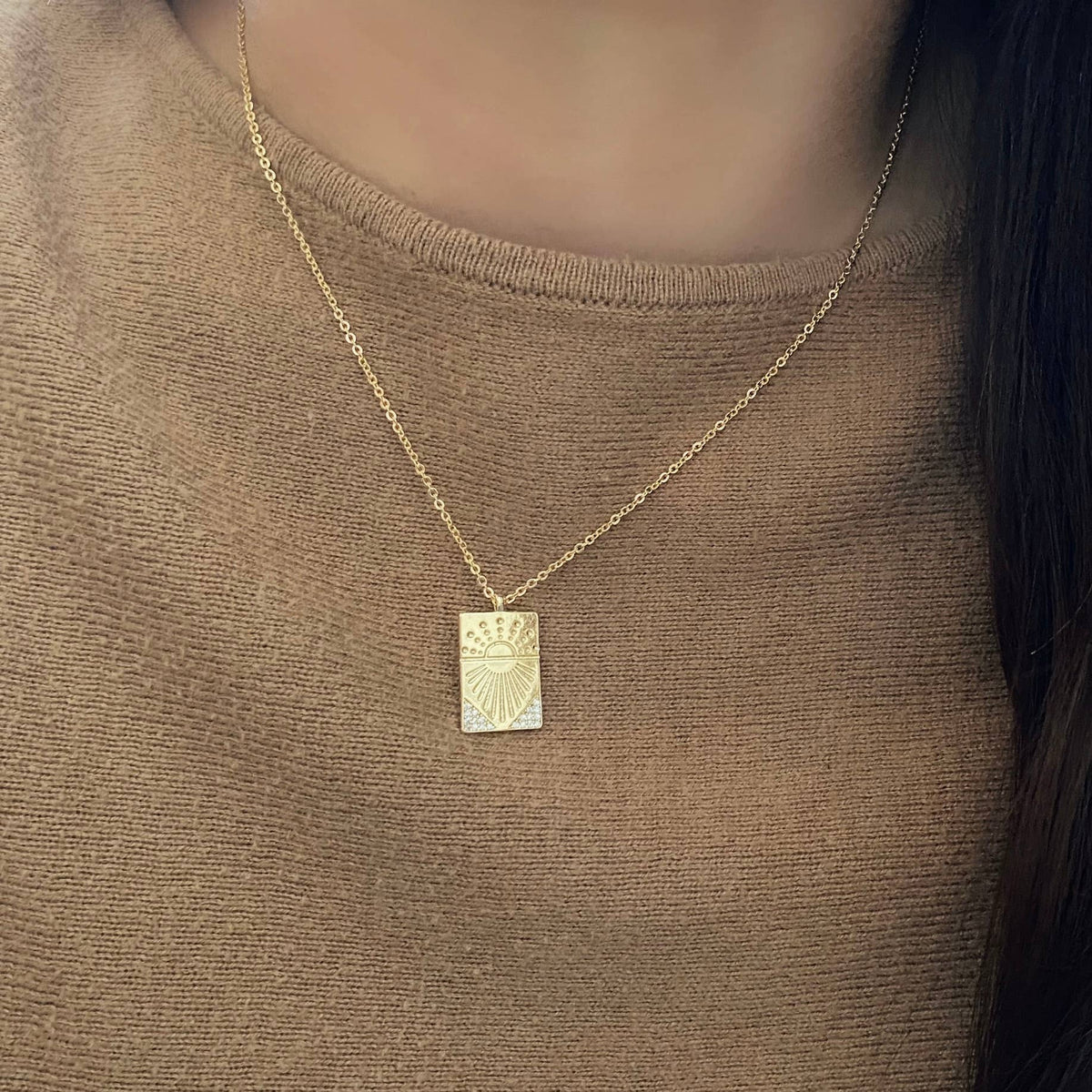 Sunrise Sun Medallion charm pendant 18k gold filled chain